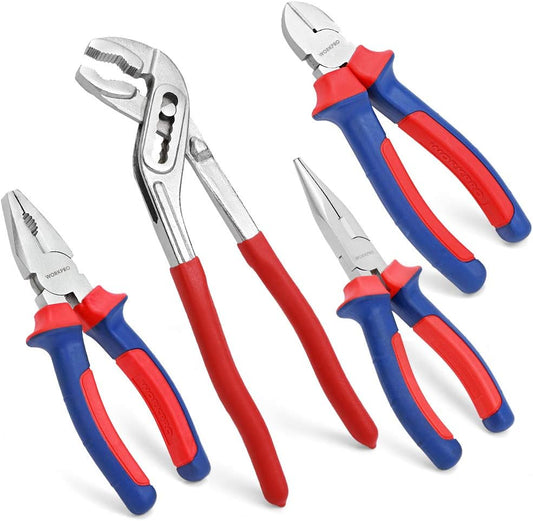 WORKPRO Pliers Set, 10'' Adjustable Plier, 6'' Long Nose Plier, 6'' Combination Plier, 6'' Side Cutter (4 Pieces)