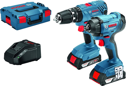 Bosch Professional 18V System Cordless Kit - Combi Drill, Impact Driver, 2 x 2.0Ah 18V Batteries, Charger & Case